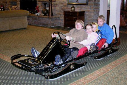 Testing out the bob sled in the Crown Plaza Hotel