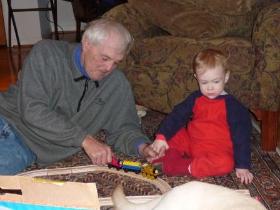 Grumpy and Thomas play trains