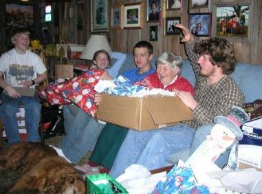A box of recycled gift wrap for Grandma!