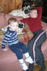 The boys with the pugs and Bethan with Belle