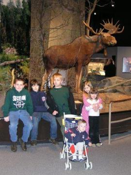 Christopher, Tommy, Jeffery, Thomas, Bethan, and Jamie-Lynn with a moose