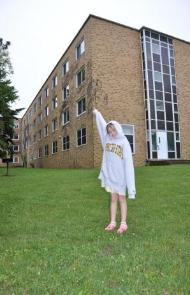 Bethan pointing to Laura's Freshman year room #119