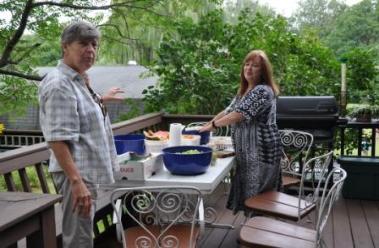 Aunt Linda and Aunt Jackie prepping the fruit salad