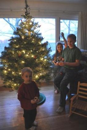 Jeffery and Bethan put the lights on our tree this year