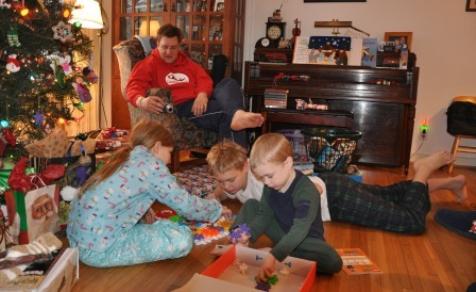 Enjoying the gears that Santa brought for Thomas