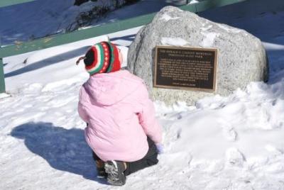Bethan reads the plaque under the toboggan run slide