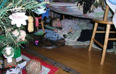 Thomas sleeping in his self made house